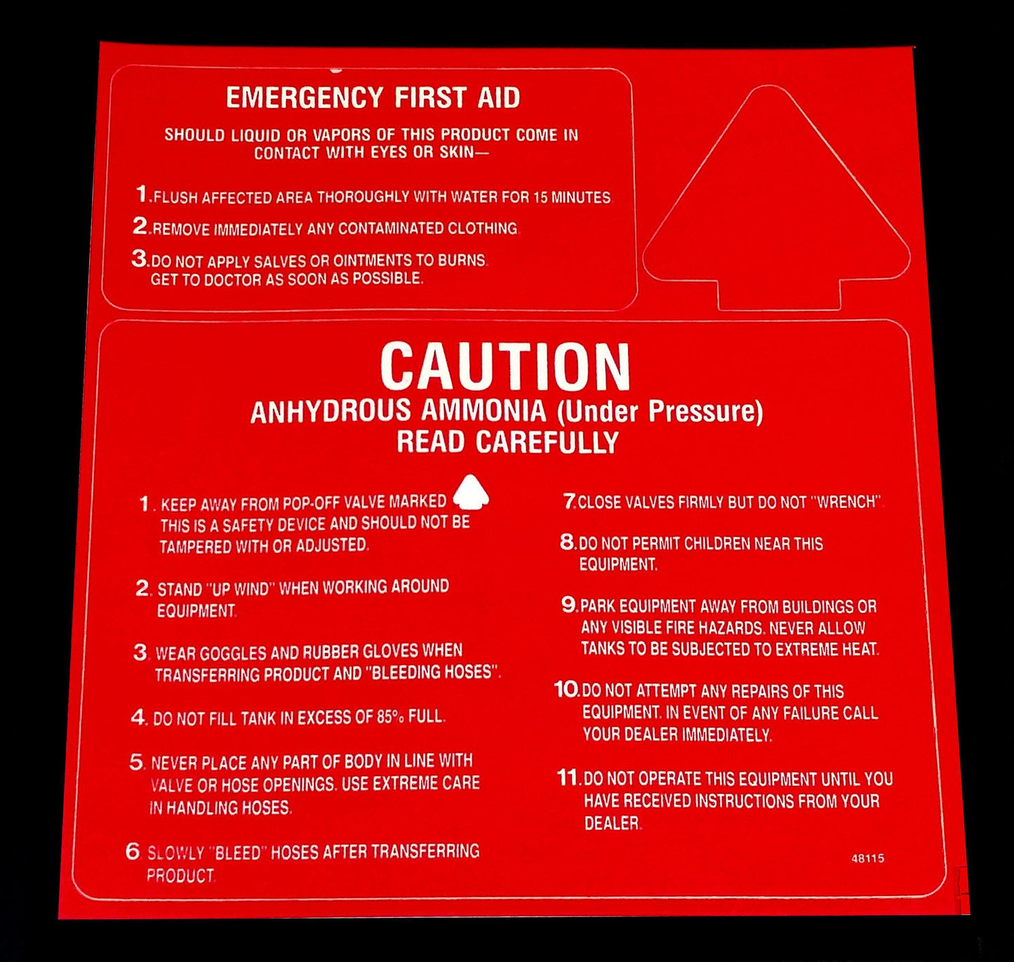 Decal - 3 Point CAUTION/FIRST AID - White on Red - NH3 Safety Decal-Mid-South Ag. Equipment