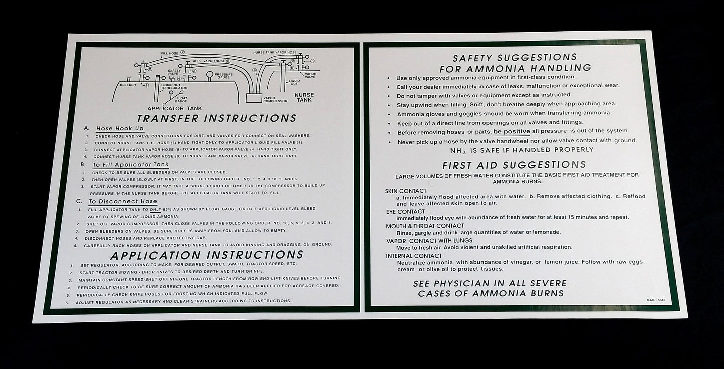 Decal - TRANSFER INSTRUCTIONS - Green on White - NH3 Safety Decal-Mid-South Ag. Equipment