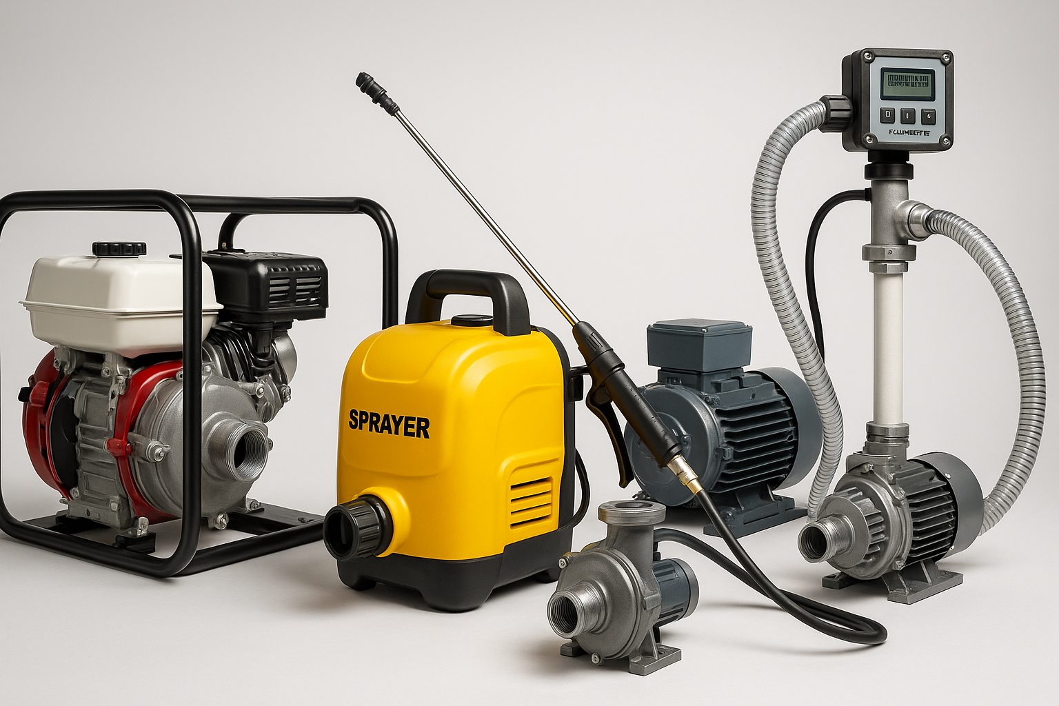 group picture of centrifugal pumps with gas motors, electric sprayer pumps, electric driven transfer pump, and chemical tote pump with flow meters