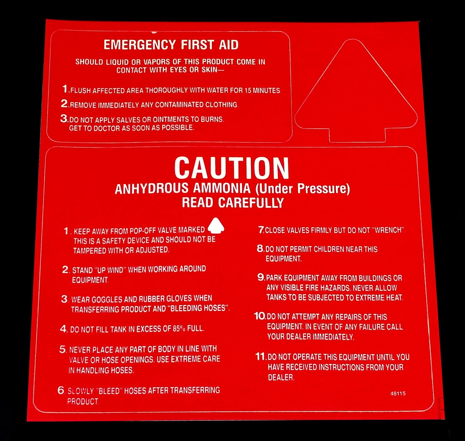 Decal - 3 Point CAUTION/FIRST AID - White on Red - NH3 Safety Decal-Mid-South Ag. Equipment